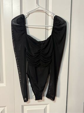 Princess Polly Black Ruched Mesh-Sleeve Bodysuit